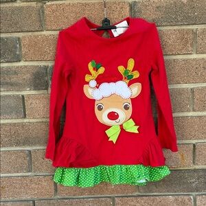 Rare Editions Red Reindeer Dress with Green Polka dot Ruffe Hem Size 5